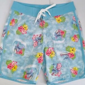 Lilo & Stitch Disney Board Shorts Mens Med Blue Floral Hawaiian Drawstring